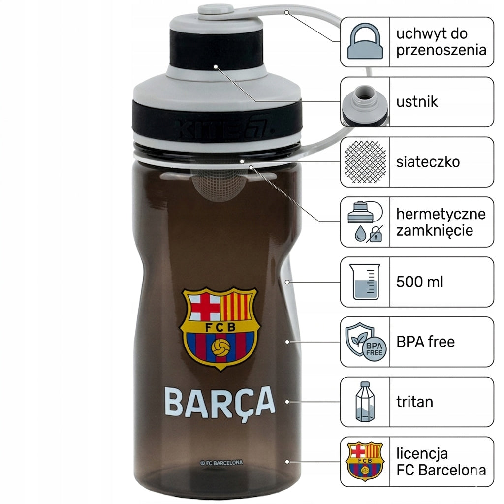 Butelka BPA Free dla dzieci Kite FC Barcelona – bezpieczny i lekki bidon sportowy.