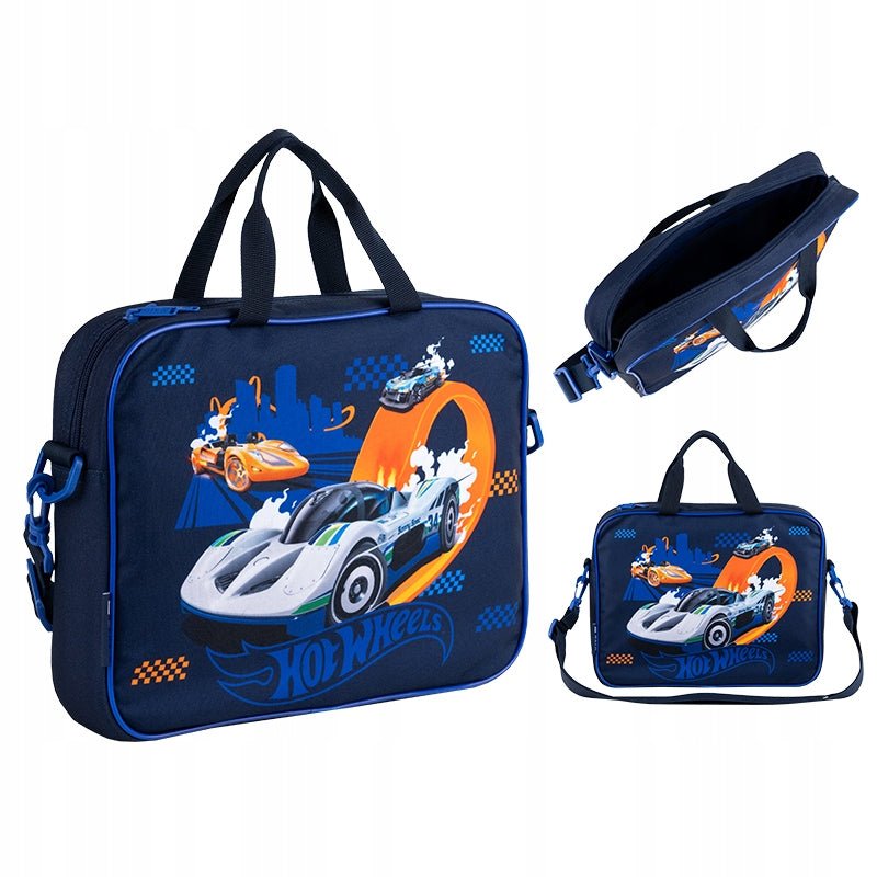 Niebieska teczka materiałowa dla chłopca Kite Hot Wheels – torba A4+ na zamek.