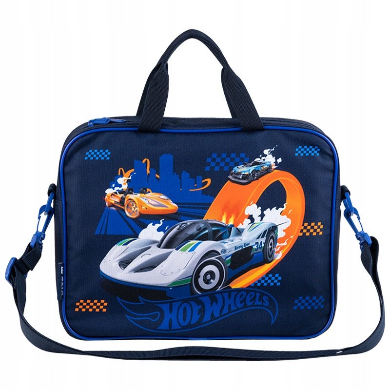 Niebieska teczka materiałowa dla chłopca Kite Hot Wheels – torba A4+ na zamek.