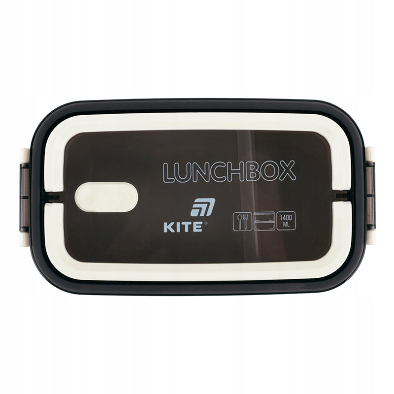 Beżowy lunchbox Kite 1400 ml z rączką i szczelnymi klipsami.
