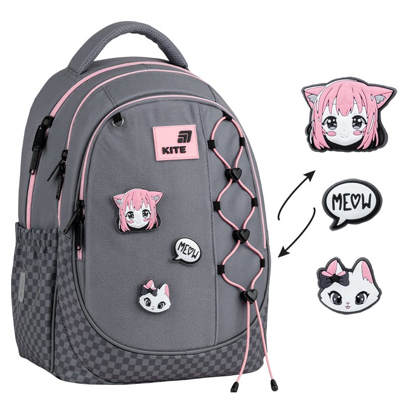 Batoh školní Kite Meow ortopedický lehký pro dívky šedý s nášivkami