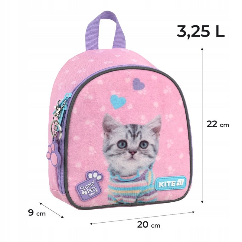 Wymiary miniaturowego plecaka przedszkolnego Kite Studio Pets na zdjęciu.