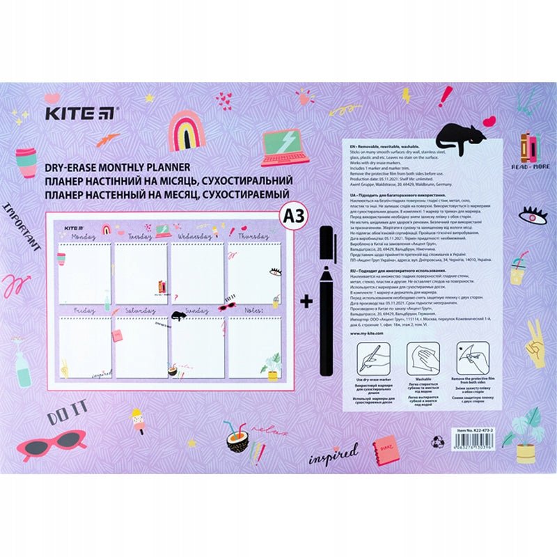Planer tygodniowy dla dzieci z miejscem na notatki, tablica organizacyjna Kite K22-473-2 Purple mood