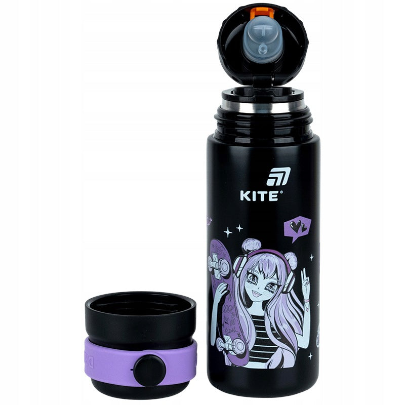 Termos z ustnikiem i kubkiem dla dzieci Kite 500 ml z sitkiem czarny Anime