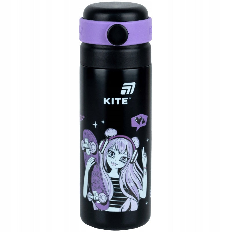 Termos z ustnikiem i kubkiem dla dzieci Kite 500 ml z sitkiem czarny Anime