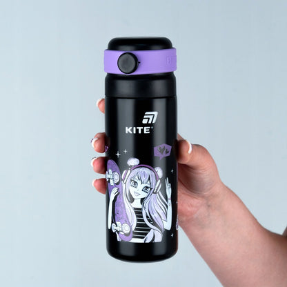Termos z ustnikiem i kubkiem dla dzieci Kite 500 ml z sitkiem czarny Anime
