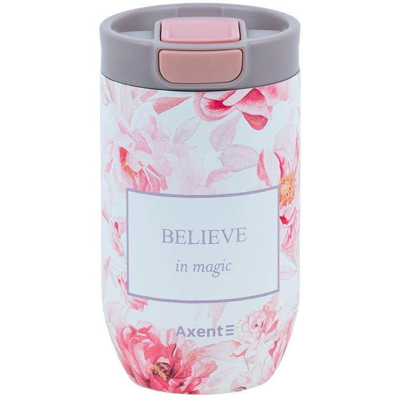 Kolorowy termokubek Axent Peony Dreams w kwiaty na białym tle.