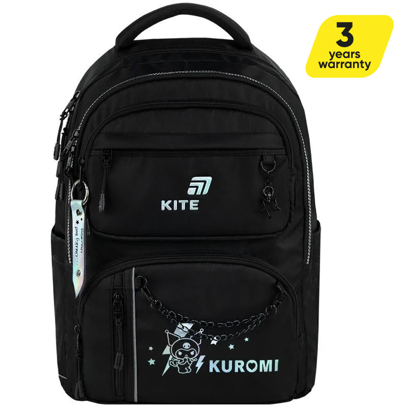 Batoh školní černý vícekomorový Kite Kuromi s řetízkem a přívěskem