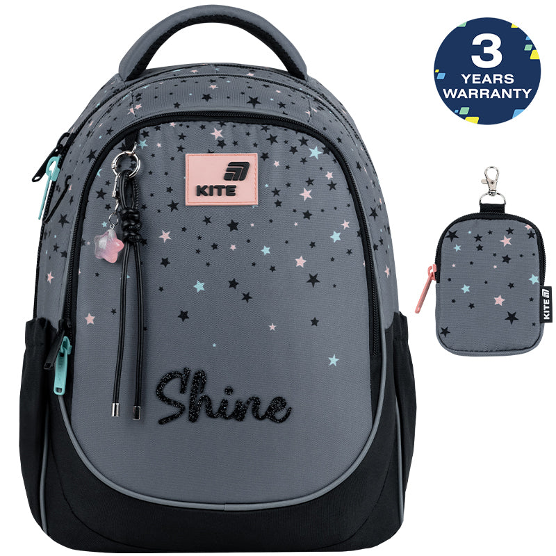 Batoh školní Kite Shine ortopedický lehký pro dívky šedý se sáčkem do školy