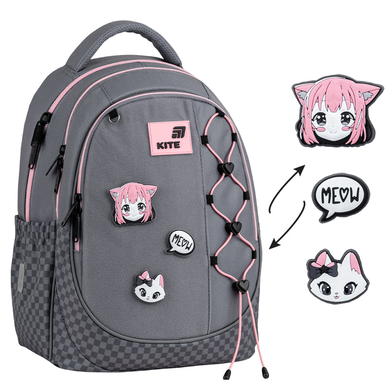 Batoh školní Kite Meow ortopedický lehký pro dívky šedý s nášivkami