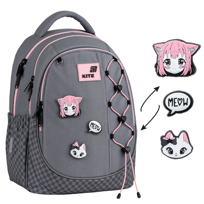 Batoh školní Kite Meow ortopedický lehký pro dívky šedý s nášivkami