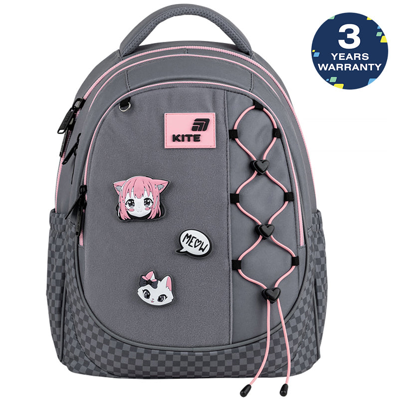 Batoh školní Kite Meow ortopedický lehký pro dívky šedý s nášivkami