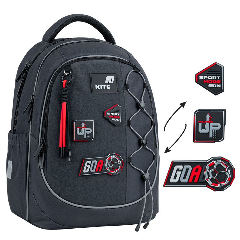 Batoh školní Kite Sport Mode ortopedický lehký pro chlapce šedý s nášivkami do školy
