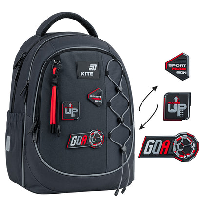 Batoh školní Kite Sport Mode ortopedický lehký pro chlapce šedý s nášivkami do školy
