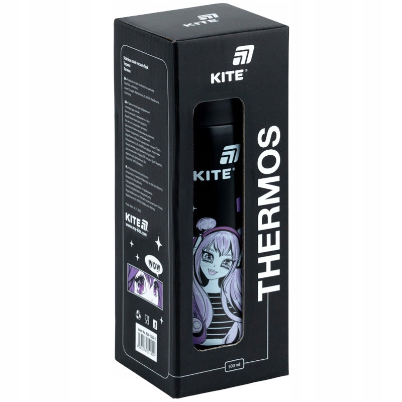 Termos z ustnikiem i kubkiem dla dzieci Kite 500 ml z sitkiem czarny Anime