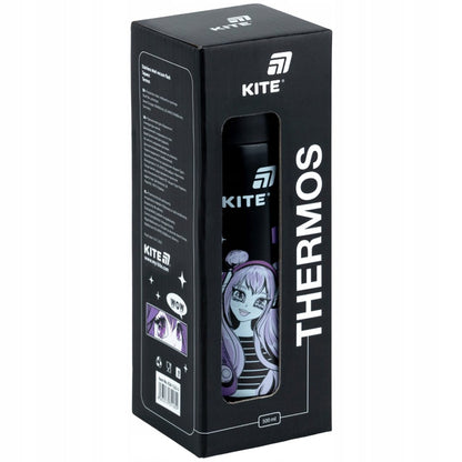 Termos z ustnikiem i kubkiem dla dzieci Kite 500 ml z sitkiem czarny Anime