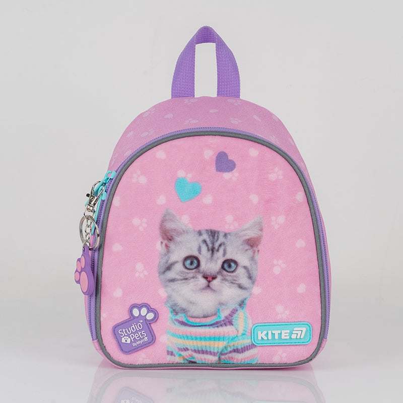 Batoh předškolní Kite Studio Pets pro dívku růžový s kočičkou a plyšovým panelem