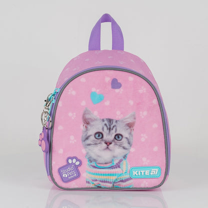 Batoh předškolní Kite Studio Pets pro dívku růžový s kočičkou a plyšovým panelem
