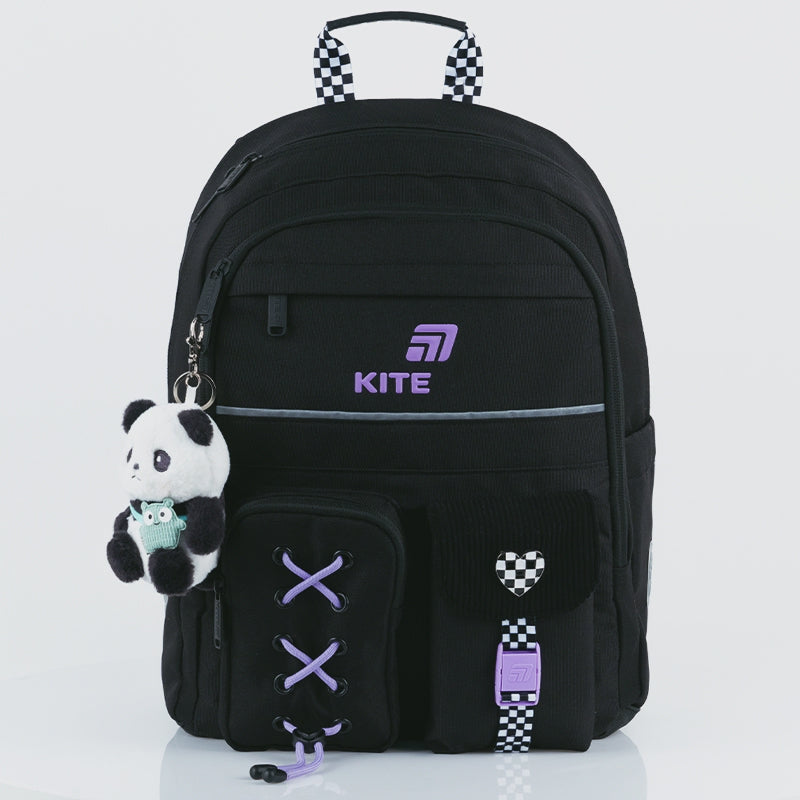 Batoh školní černý ortopedický pro dívky 1-6 třída Panda Love Kite