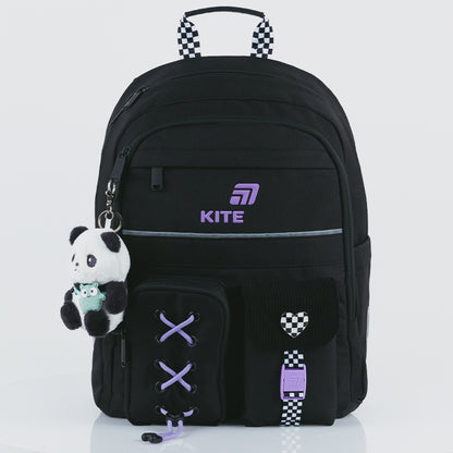 Batoh školní černý ortopedický pro dívky 1-6 třída Panda Love Kite